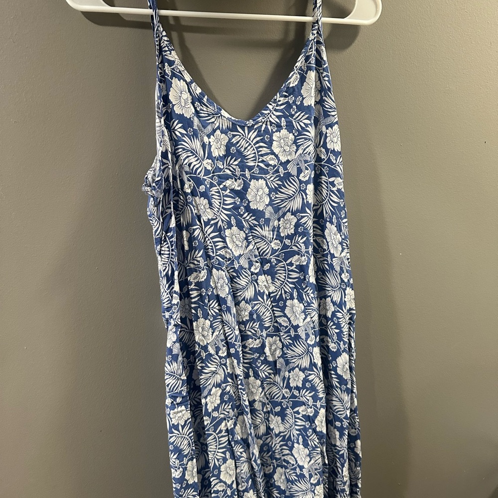 Blue and White Floral Maxi Sundress with Spaghetti Straps